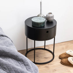Lupe Minimalist Round Bedside Table – Black