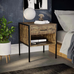 Brantley Metal Frame Bedside Table – Dark wood
