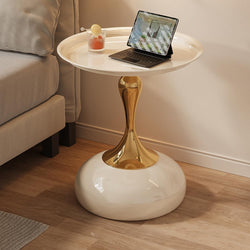 Ellis Minimalist Round Bedside Table - White/Gold
