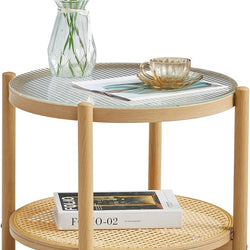 Wren 2-Tier Round Glass & Rattan Bedside Table 50cm - Natural