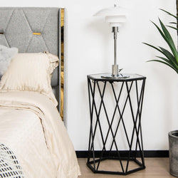 Lulu Modern Hexagon Glass Bedside Table with Metal Frame - Black