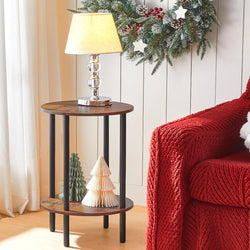 Ailsa 2-Tier Small Round Bedside Table - Rustic Brown+ Black