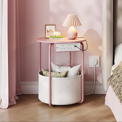 Blair Metal Round Bedside Table with Charging Station - Pink