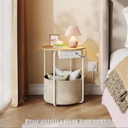 Blair Metal Round Bedside Table with Charging Station - Oak