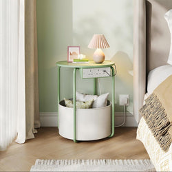 Blair Metal Round Bedside Table with Charging Station - Green