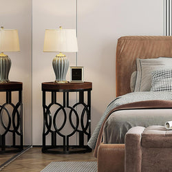 Sutton Industrial Round Bedside Table Metal Wood - Rustic Brown/Black