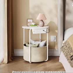 Blair Metal Round Bedside Table with Charging Station - White