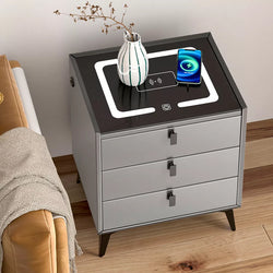 Fairplains Bedside Table 3 Drawers with LED Lights and Wireless Charging Pad - Grey