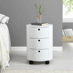 Isla Modern Round Rolling 3-Drawer Bedside Table - White