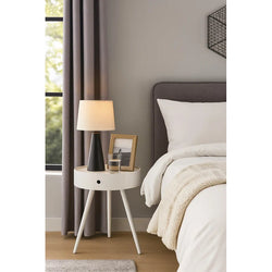 Maren Round Wood Bedside Table with Drawer - White