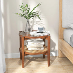 Casey Retro Round Bedside Table with Glass & Rattan Storage Shelf - Brown