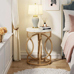 Verity Marble Round Bedside Table - White/Gold