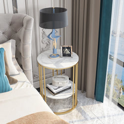 Isabella Marble 2-Tier Round Side Table - White/Gold